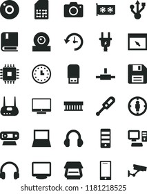 solid black flat icon set camera vector, floppy disk, electronic thermometer e, screen, smartphone, electric plug, SIM, goal woman, wall watch, computer, notebook pc, radiator fan, tower, cpu, web