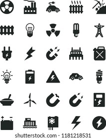 solid black flat icon set lightning vector, danger of electricity, dangers, new radiator, a bowl buckwheat porridge, charging battery, coal mining, windmill, accumulator, bulb, hydroelectric station