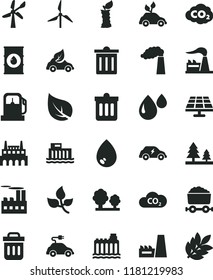 solid black flat icon set bin vector, dust, drop, apple stub, solar panel, leaves, leaf, gas station, windmill, wind energy, manufacture, factory, oil, hydroelectric, hydroelectricity, trees, forest