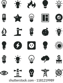 solid black flat icon set matte light bulb vector, incandescent lamp, window, saving, power socket type b, star, eye, storm cloud, lens, pole, energy, mercury, lighthouse, coastal, flame, idea, sun