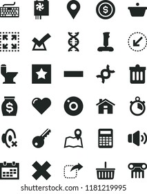 solid black flat icon set house vector, camera, calendar, grocery basket, keyboard, minus, cross, silent mode, comfortable toilet, dust bin, left bottom arrow, heart, volume, size, move right, pan