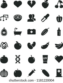 solid black flat icon set heart symbol vector, women, toys over the cot, measuring bottle for feeding, bag of a paramedic, bath, broken, cucumber, cherry, apple, pomegranate, half, red, loquat, dna