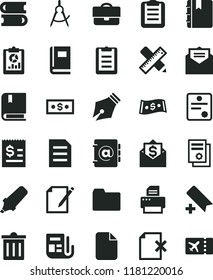 solid black flat icon set bin vector, add bookmark, folder, e, books, writing accessories, received letter, notebook, address book, notes, delete page, scribed compasses, portfolio, text highlighter