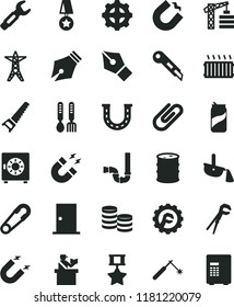 solid black flat icon set safety pin vector, iron fork spoons, tower crane, adjustable wrench, hand saw, siphon, ntrance door, star gear, stationery knife, strongbox, clip, soda can, barrel, magnet