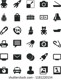 solid black flat icon set bell vector, image of thought, camera, safety pin, open, bath, teddy bear, small, plastic brush, fence, envelope, picture, car, 24, artificial satellite, expand, biscuit