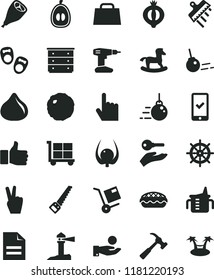 solid black flat icon set cargo trolley vector, scribbled paper, chest of drawers, measuring cup for feeding, small rocking horse, shoes little children, big core, drill, arm saw, spatula, shipment