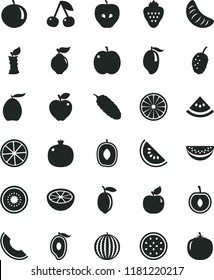 solid black flat icon set cucumber vector, strawberry, cherry, apple, pomegranate, quince, apricot, red, tasty, mulberry, water melon, slice of, mango, half, loquat, delicious plum, tangerine, lemon