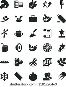 solid black flat icon set bookmark vector, women, loudspeaker, remove label, mug for feeding, packing of juice with a straw, trowel, city block, loaf, porcini, chili, popsicle, honeycombs, hand bag