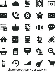 solid black flat icon set zoom out vector, house, calculation, speech, volume, address book, put in cart, satellite antenna, SIM card, shopping basket, dollar, phone call, mobile, radiator fan, mail