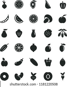 solid black flat icon set porcini vector, cucumber, peper, beet, garlic, strawberry, strawberries, apple, orange slice, ripe peach, plum, rose hip, medlar, half of mango, goji berry, lemon, guava