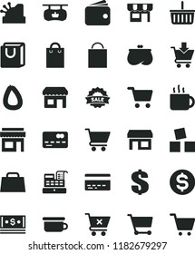 solid black flat icon set paper bag vector, grocery basket, bank card, dollar, children's potty, cubes for children, cart, put in, crossed, with handles, kiosk, stick of sausage, cup tea, stall