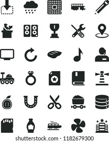 solid black flat icon set scissors vector, graphite pencil, clockwise, rainy cloud, e, small tools, big data, move down, chop, bottle, half of guawa, fan screw, processor, trolley with coal, monitor