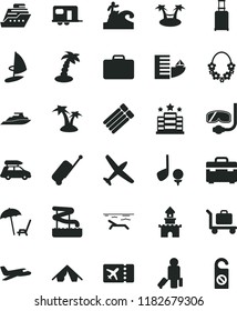solid black flat icon set suitcase vector, sand castle, plane, car baggage, camper, passenger, rolling, ticket, case, hotel, tent, beach, arnchair under umbrella, palm tree, hawaii wreath, aquapark