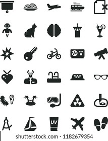 solid black flat icon set delete page vector, onion, telescope, glasses, nuclear, brain, bactery, oscilloscope, scientist, drawing compass, artifical insimination, robot, presentation board, bang