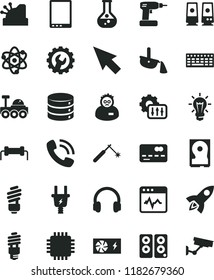 solid black flat icon set cordless drill vector, saving light bulb, gear, cardiogram, big data, flask, electric plug, energy, welding, steel production, front of the bank card, phone call, cashbox