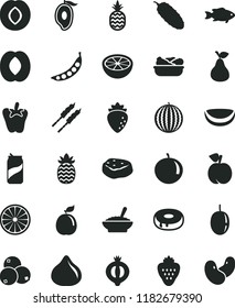 solid black flat icon set cake with a hole vector, bowl of buckwheat porridge, lettuce in plate, barbecue, piece meat, cucumber, peper, fish, soda can, strawberry, pineapple, pear, peach, plum, fig