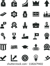 solid black flat icon set upward direction vector, growth chart, pedestal, portfolio, dollars, cash, carrer stairway, graph, man hold world, graduate, star flag, medal, with pennant, ribbon, hero