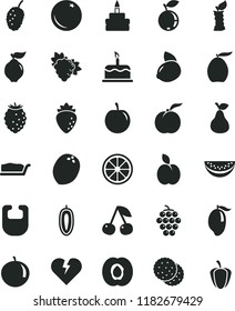 solid black flat icon set bib vector, broken heart, cake, slice, birthday, apple, pear, biscuit, orange, cherry, ripe peach, half apricot, branch of grape, large, quince, raspberry, tasty, blueberry