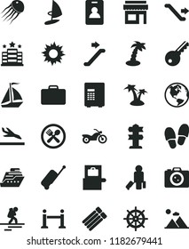 solid black flat icon set earth vector, sail boat, motorcycle, backpacker, escalator, rope barrier, identity card, passenger, suitcase, baggage scanner, rolling case, arrival, sun, palm tree, cafe