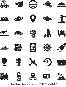 solid black flat icon set briefcase vector, paper airplane, motor vehicle present, baby toy train, garden trolley, map, earth, planet, retro car, coastal lighthouse, location, history, globe, saturn