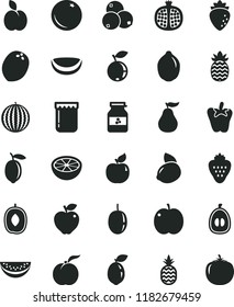 solid black flat icon set peper vector, jam, jar of, strawberry, a pineapple, apple, orange, ripe peach, half pomegranate, apricot, red, raspberry, blueberry, blueberries, water melon, slice, loquat