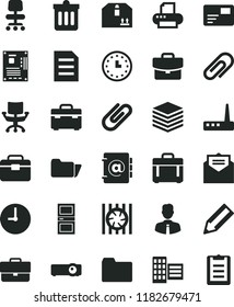 solid black flat icon set clip vector, briefcase, folder, portfolio, suitcase, interroom door, city block, employee, wall clock, received letter, dust bin, case, pile, address book, pass card, watch