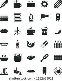 solid black flat icon set electronic thermometer vector e, mercury, heating coil, temperature, radiator, new, boiler, coffee, loaf, Hot Dog, mini, noodles, pie, porridge, chop, barbecue, chili, sun