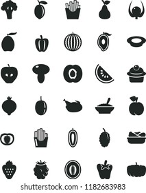 solid black flat icon set mushroom vector, muffin, a bowl of buckwheat porridge, lettuce in plate, milk, chicken, peper, French fries, fried potato slices, strawberry, pear, peach, half apricot
