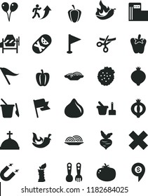 solid black flat icon set wind direction indicator vector, cross, pennant, tumbler, toy sand set, children's, plastic fork spoons, colored air balloons, concrete mixer, flag, onion, slices of, chili