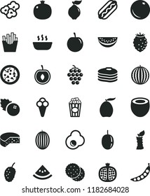 solid black flat icon set cheese vector, pizza, Hot Dog, porridge, French fries, popcorn, cup of, cone, fried egg, blueberries, biscuit, pancakes, orange, pomegranate, half, large grape, quince