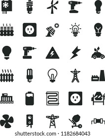 solid black flat icon set danger of electricity vector, matte light bulb, incandescent lamp, concrete mixer, cordless drill, power socket type b, lightning, heating coil, radiator, boiler, fan screw