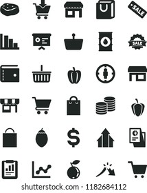 solid black flat icon set paper bag vector, grocery basket, purse, graph, positive histogram, cart, put in, with handles, kiosk, coins, piece of meat, blueberry, tamarillo, Bell pepper, ripe, oil