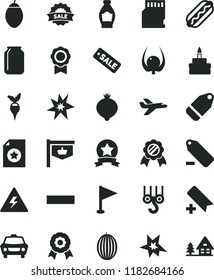 solid black flat icon set danger of electricity vector, add bookmark, minus, remove label, pennant, winch hook, car, Hot Dog, birthday cake, bottle, medlar, melon, tamarillo, physalis, radish, jar