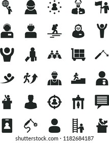 solid black flat icon set image of thought vector, cargo trolley, builder, operator, racer, welding, gas, woman, man, in sight, conversation, scientist, arrow up, carrer stairway, hold world, hands