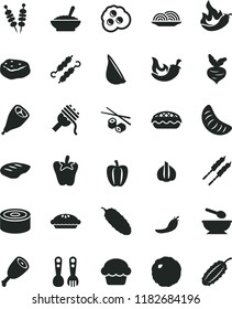 solid black flat icon set deep plate with a spoon vector, plastic fork spoons, canned goods, fried vegetables on sticks, onion, spaghetti, cake, pie, apple, bowl of buckwheat porridge, chicken thigh