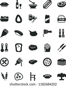 solid black flat icon set plates and spoons vector, a chair for feeding, plastic fork, iron, stick of sausage, fried vegetables on sticks, pizza, Hot Dog, burger, spaghetti, noodles, pie, chicken