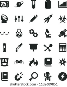 solid black flat icon set cradle vector, jar, flask, test tube, microscope, molecule, glasses, zoom, gears, settings, satellite, book, biohazard, pipette, oscilloscope, magnet, flame, calculator