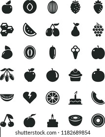 solid black flat icon set cake vector, broken heart, muffin, birthday, cone, pear, orange slice, honeycombs, cherry, ripe peach, apple, pomegranate, large grape, apricot, red, plum, raspberry, tasty