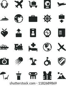 solid black flat icon set earth vector, plane, train, airport tower, suitcase, passport, baggage, getting, arnchair under umbrella, palm tree, hawaii wreath, hospital bed, disabled, camera, safe