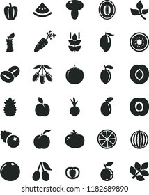 solid black flat icon set mushroom vector, tomato, beet, coffee beans, blueberries, apple, mint, ripe peach, half apricot, plum, cornels, blueberry, water melon, mango, goji berry, lemon, of kiwi