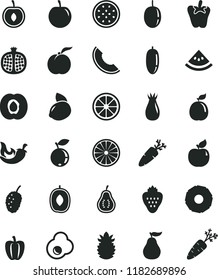 solid black flat icon set chili vector, peper, carrot, fried egg, strawberry, ripe peach, half apricot, pomegranate, rose hip, blueberry, tasty mulberry, slice of melon, delicious plum, date fruit