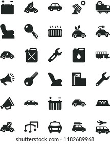 solid black flat icon set horn vector, toys over the cot, Baby chair, car child seat, motor vehicle, key, delivery, big solar panel, modern gas station, accumulator, battery, canister, of oil, eco