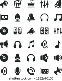 solid black flat icon set bell vector, desktop microphone, horn, loudspeaker, silent mode, drumroll, drum, headphones, music, volume, no sound, phone call, megaphone, pc card, cd, speaker, note