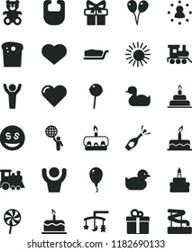solid black flat icon set heart symbol vector, toys over the cradle, bib, rubber duck, baby duckling, teddy bear, toy train, children's, colored air balloons, balloon, cake, birthday, gift, Easter