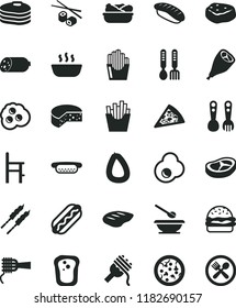 solid black flat icon set plates and spoons vector, a chair for feeding, plastic fork, iron, sausage, stick of, cheese, pizza, piece, Hot Dog, mini, burger, spaghetti, noodles, porridge, bacon, chop