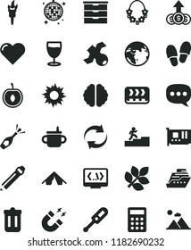 solid black flat icon set graphite pencil vector, renewal, storage unit, mug for feeding, electronic thermometer e, heart, glass, half cherry, conveyor, calculator, speech, pc card, trash bin, brain