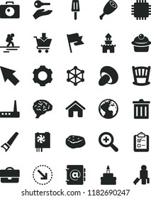 solid black flat icon set sign of the planet vector, bin, zoom, cradle, house, hand saw, camera, flag, address book, put in cart, survey, right bottom arrow, porcini, muffin, birthday cake, popsicle