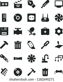 solid black flat icon set camera vector, bin, movie cracker, toys over the cot, electronic thermometer e, mercury, medical bag, small yule, cogwheel, concrete mixer, power socket type f, spatula, cd