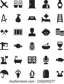 solid black flat icon set desktop microphone vector, woman, children's hairdo, crane, window frame, stepladder, bath, ntrance door, umbrella, planet, a bowl of rice porridge, fish, glass, cone, pear