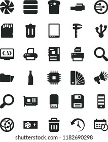 solid black flat icon set magnifier vector, color samples, Easter cake, calipers, Glass bottle, loudspeaker, tablet pc, fan, power supply, tower, motherboard, cpu, card, usb, printer, flash, network